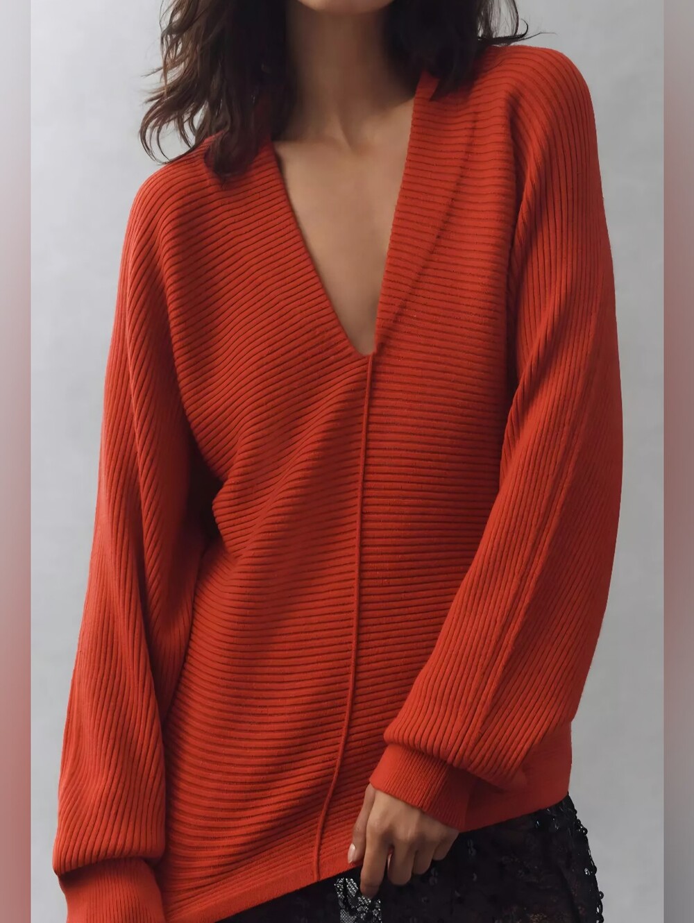 $148 Anthropologie Maeve Plunge Neck Seamed Red Sweater Size XL GOERGEUS